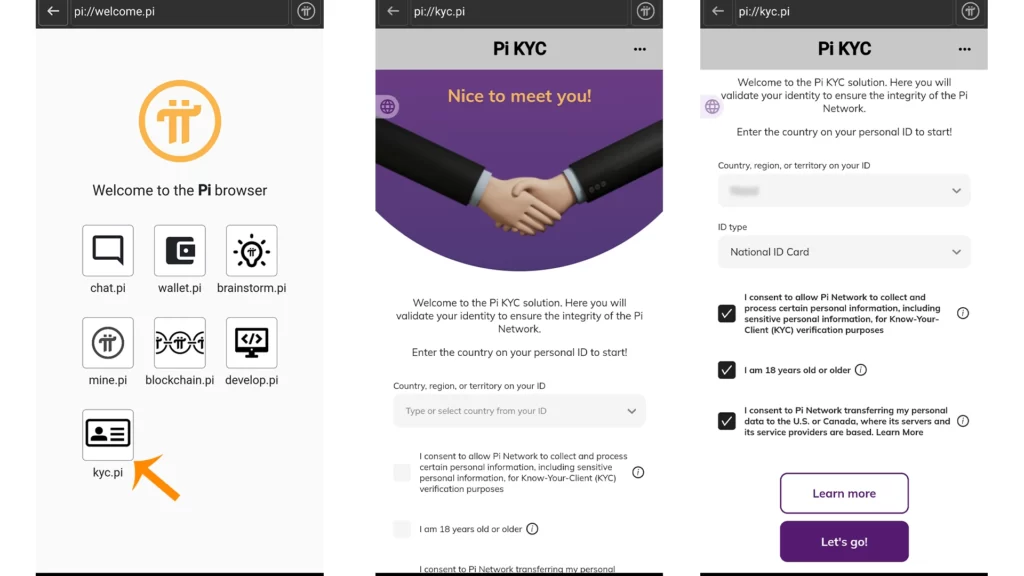 Pi KYC interface in the Pi Browser app